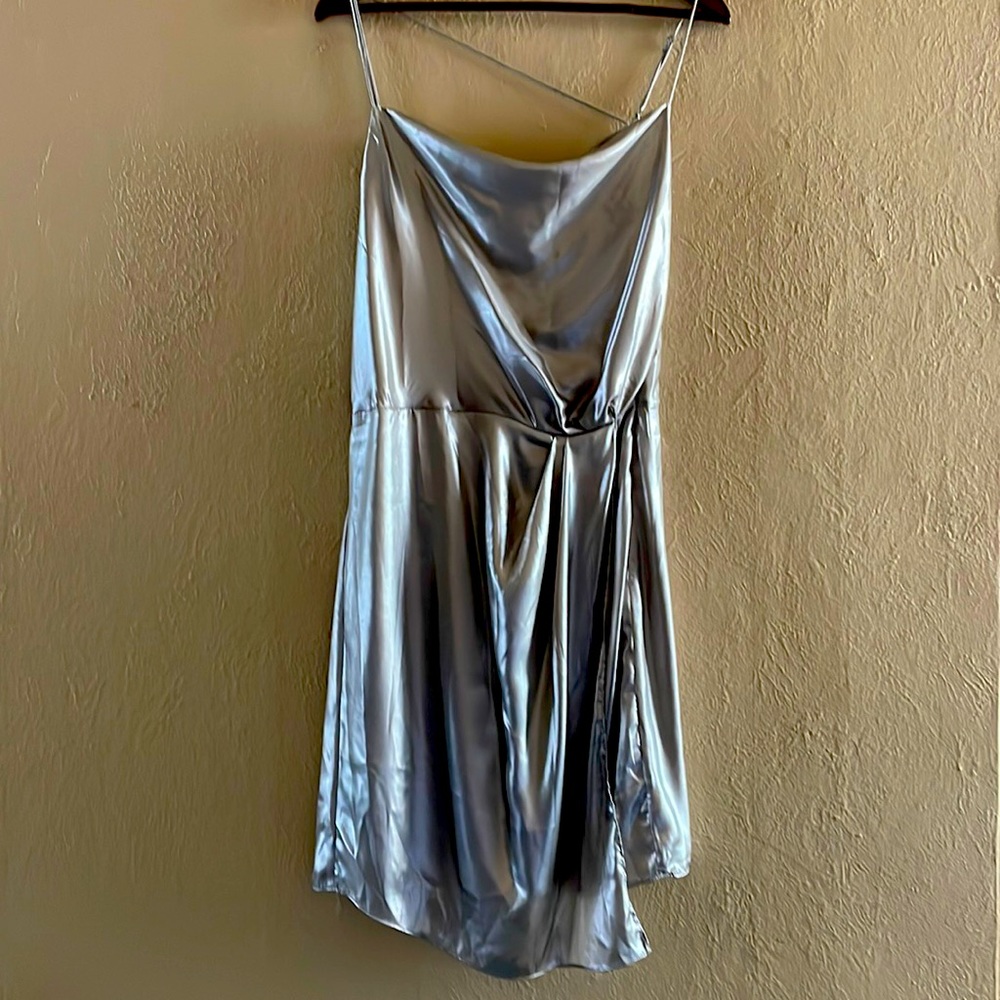 Silver metallic satin slip dress
